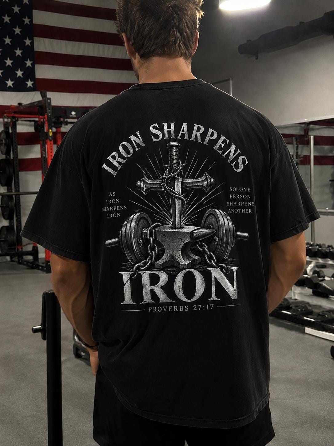 Men's Gym T-Shirt, Christian Faith Fitness Shirt, Iron Sharpens Iron, Proverbs 27:17, Vintage Design