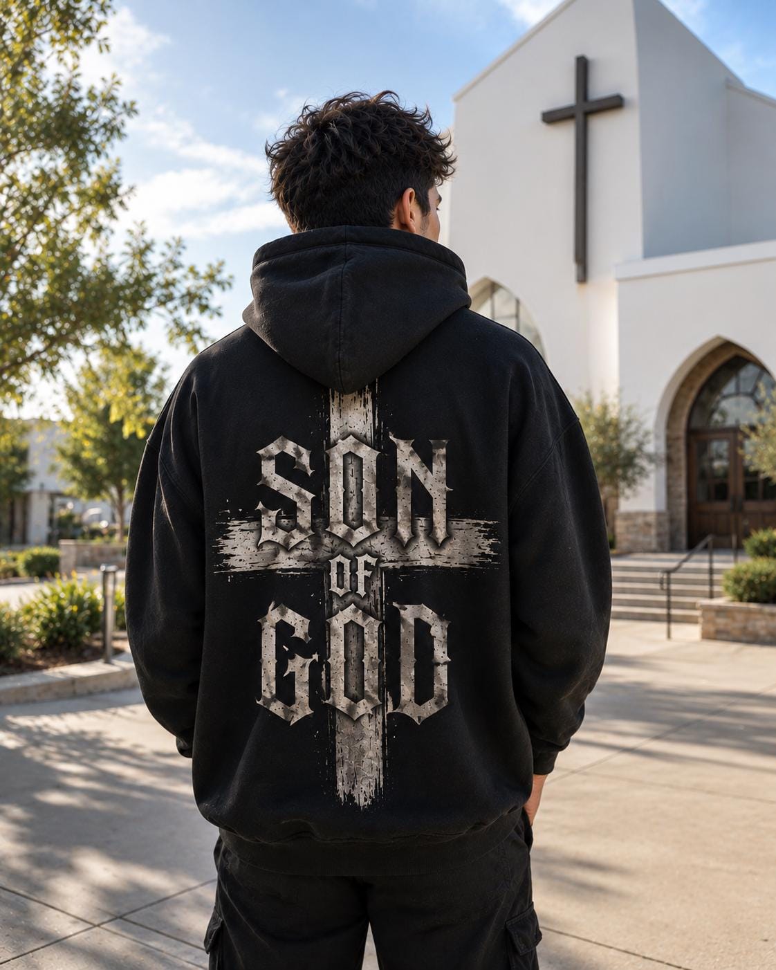 Son of God Christian Hoodie, Distressed Cross Streetwear Sweatshirt, Full Back Design