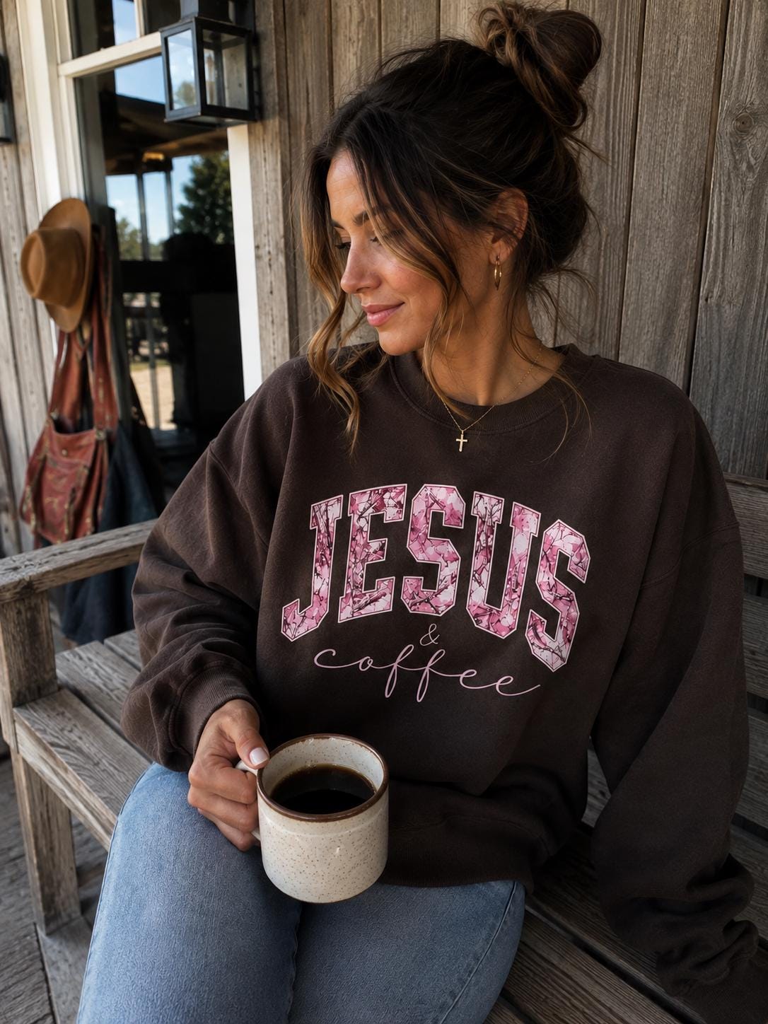 Jesus Coffee Sweatshirt, Christian Pink Camo Crewneck, Faith Apparel