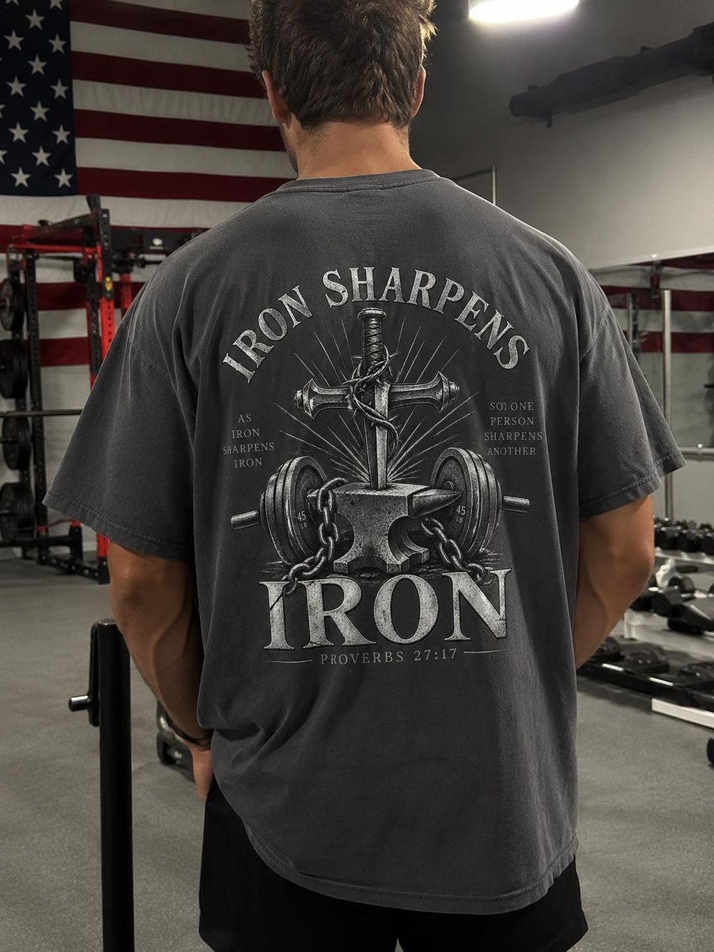 Men's Gym T-Shirt, Christian Faith Fitness Shirt, Iron Sharpens Iron, Proverbs 27:17, Vintage Design