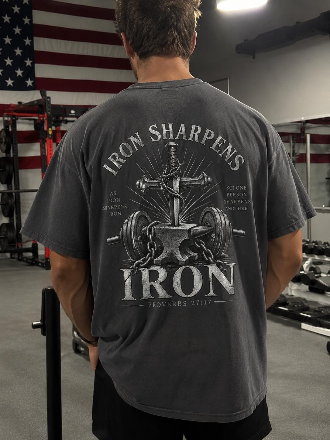 Men's Gym T-Shirt, Christian Faith Fitness Shirt, Iron Sharpens Iron, Proverbs 27:17, Vintage Design