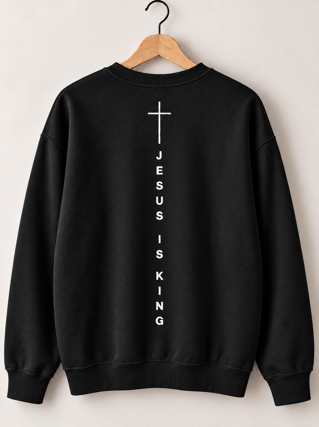 Jesus Is King Unisex Crew, Gender Neutral Christian Sweatshirt, Cross Crewneck, Simple Christian Sweater, Vertical Cross Back Design