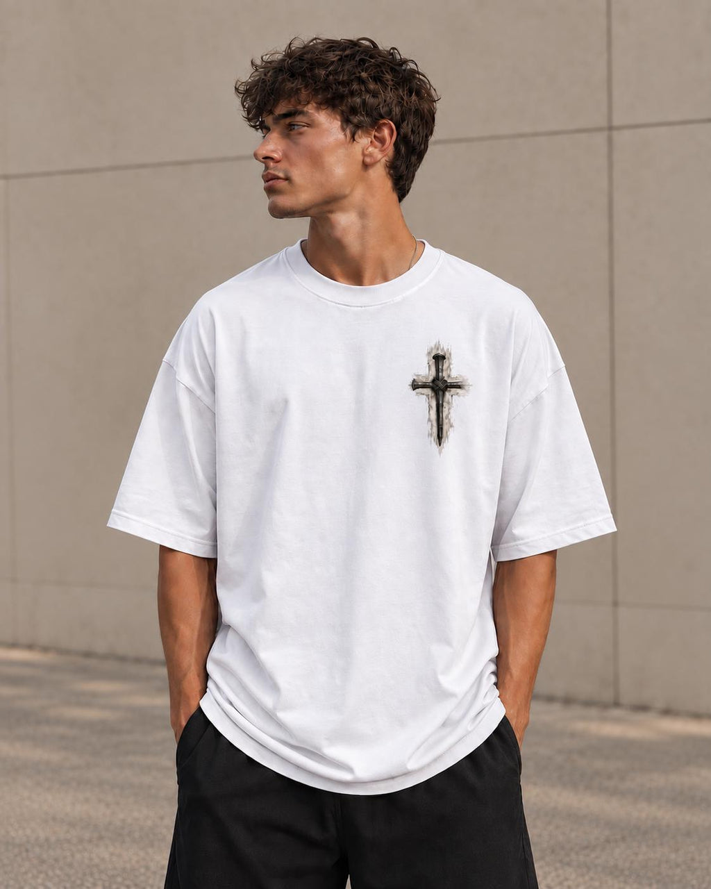 Three-Nail Cross T-Shirt, Distressed Christian Tee for Men, Simple Minimalistic Tee for Everyday