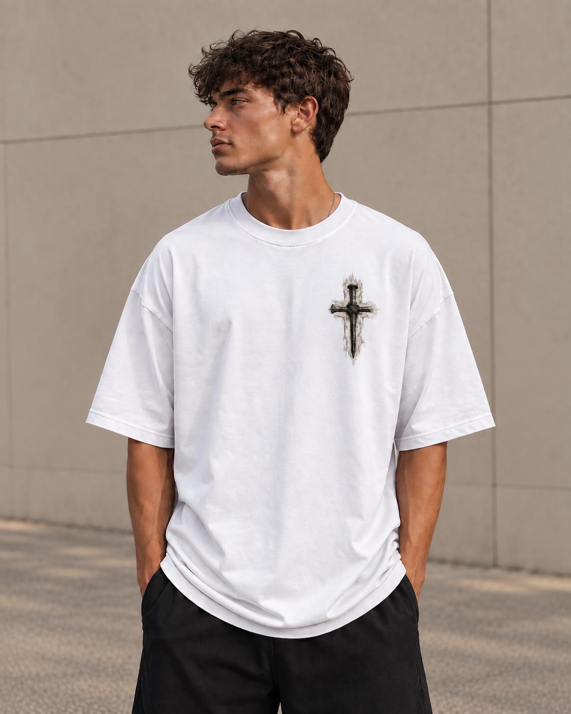 Three-Nail Cross T-Shirt, Distressed Christian Tee for Men, Simple Minimalistic Tee for Everyday