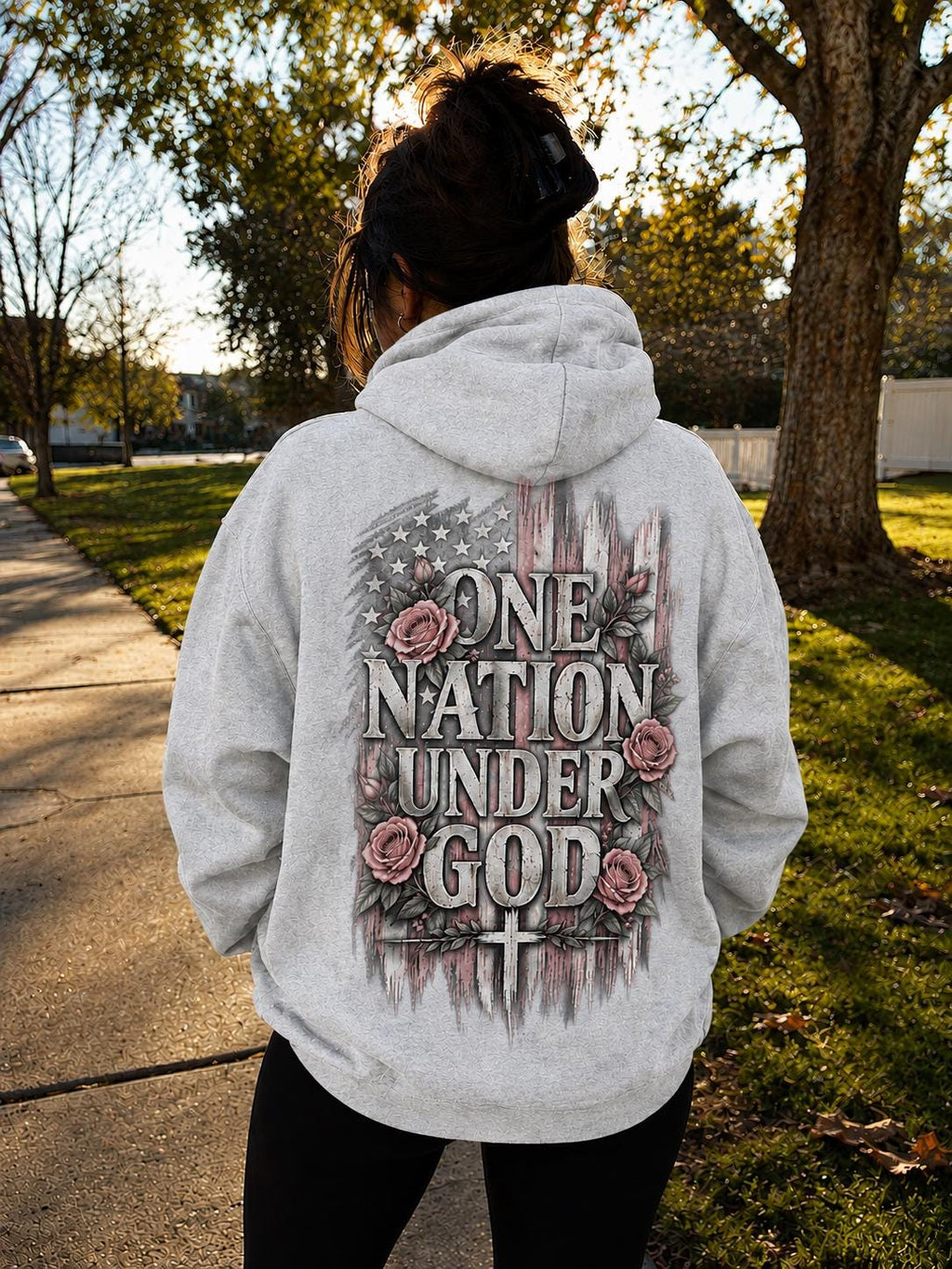 One Nation Under God Hoodie, Patriotic Christian Sweatshirt, Floral American Flag Design