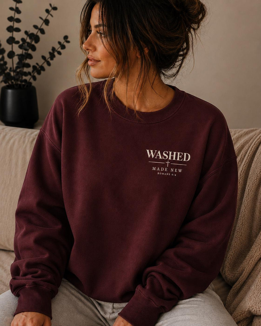 Washed Made New Christian Sweatshirt, Romans 6:4 Crewneck, Minimal Faith Apparel