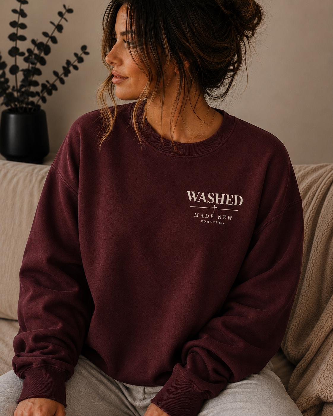 Washed Made New Christian Sweatshirt, Romans 6:4 Crewneck, Minimal Faith Apparel