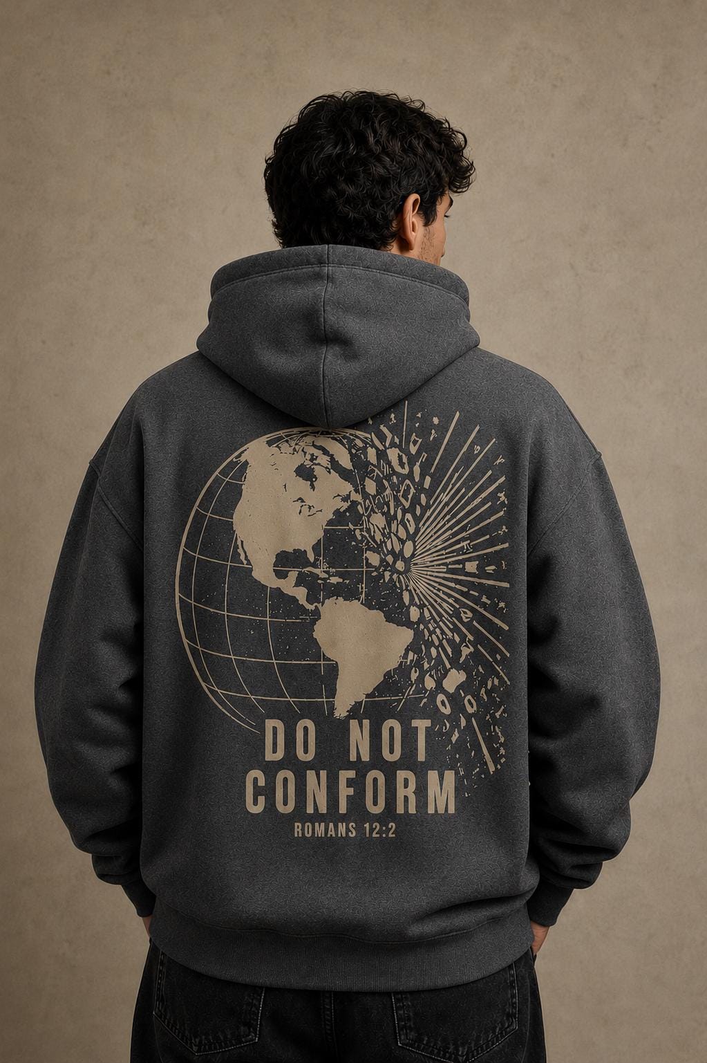 Oversized Christian Streetwear Hoodie, Romans 12:2 Do Not Conform Globe Design