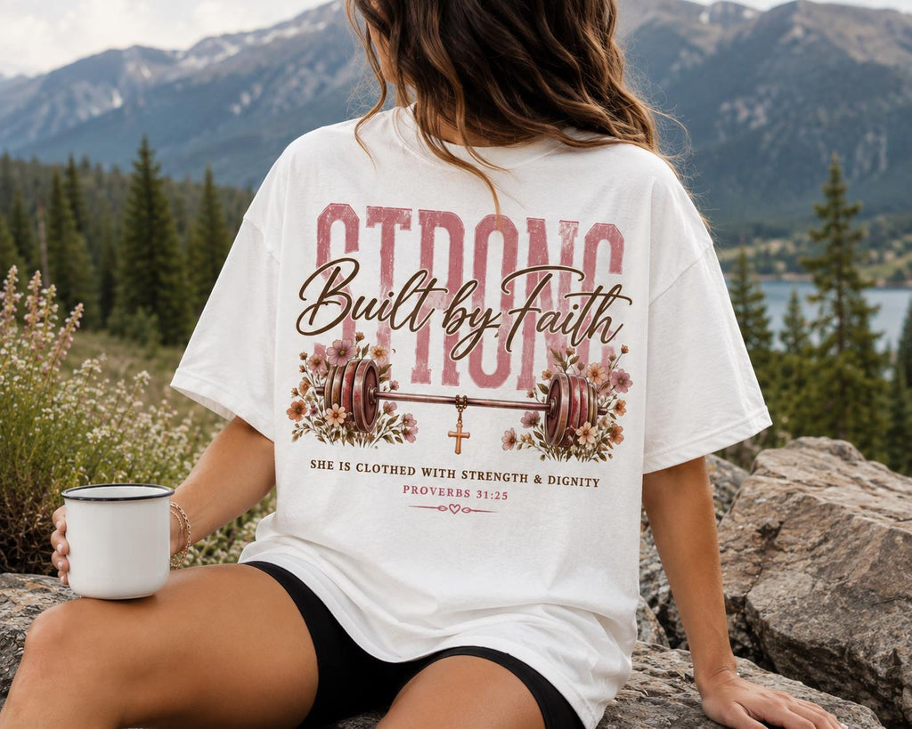 Strong Built by Faith, Women Christian Fitness Shirt, Built by Faith, Proverbs 31:25, Floral Barbell Gym Tee