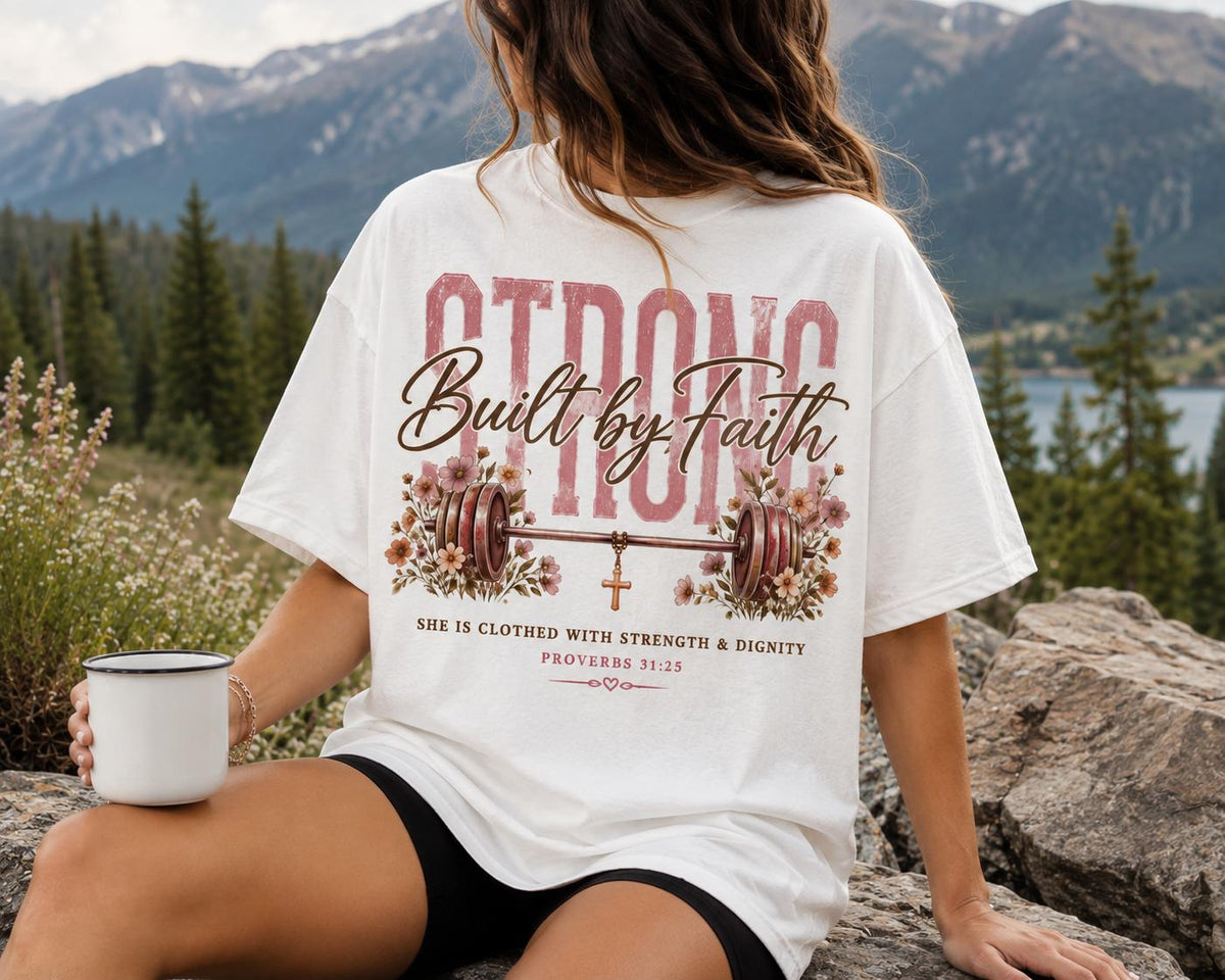 Strong Built by Faith, Women Christian Fitness Shirt, Built by Faith, Proverbs 31:25, Floral Barbell Gym Tee