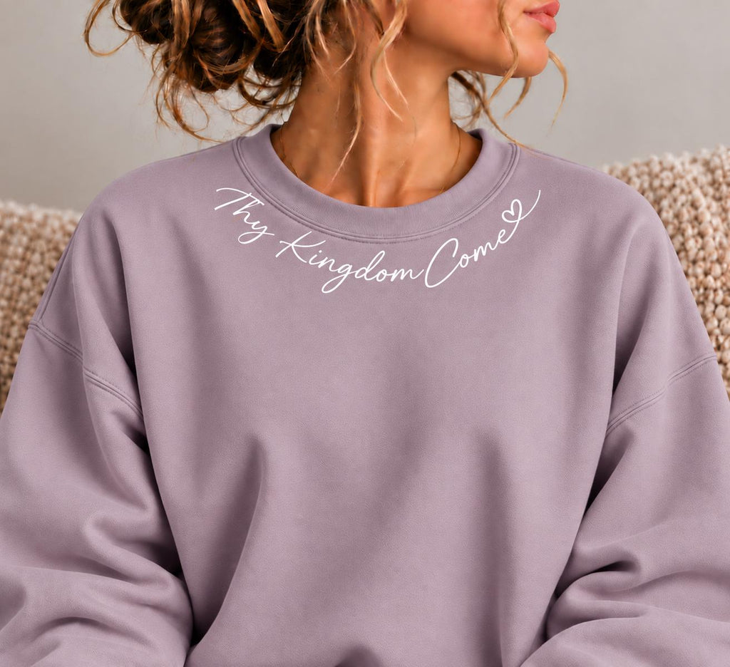 Thy Kingdom Come Crewneck Sweatshirt, Christian Minimalist Sweatshirt for Her with Petite Collar Heart Design, Matthew 6:10