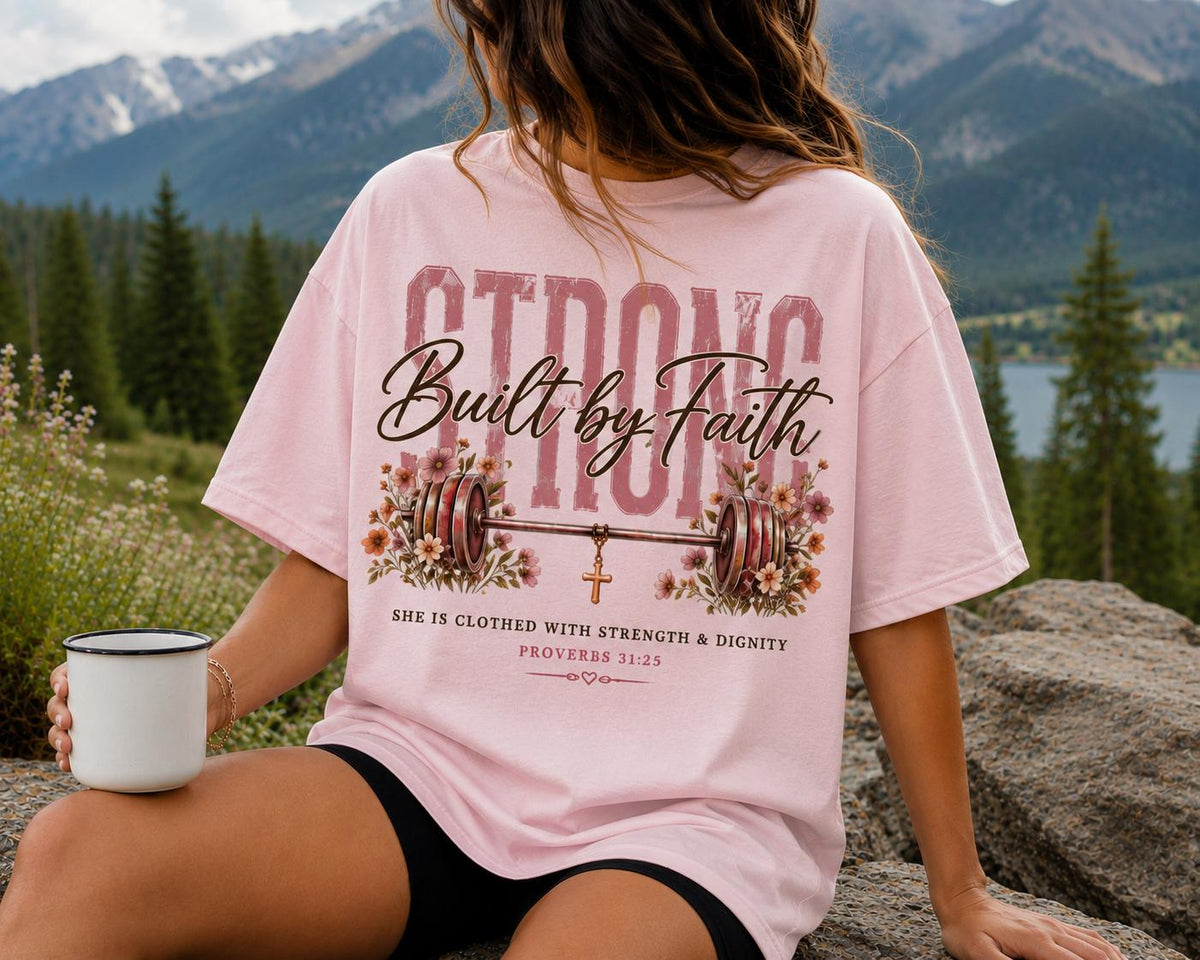 Strong Built by Faith, Women Christian Fitness Shirt, Built by Faith, Proverbs 31:25, Floral Barbell Gym Tee