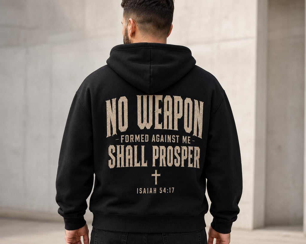 No Weapon Formed Against Me Hoodie, Isaiah 54:17 Christian Hoodie, Faith Based Streetwear, Men’s Bible Verse Sweatshirt, Christian Gift