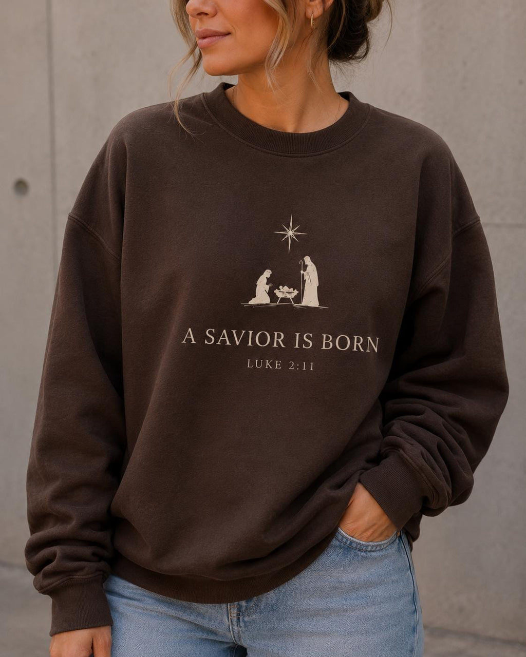 A Savior is Born Unisex Christian Sweatshirt, Luke 2:11 Gender Neutral Nativity Crewneck, Christmas Gift Crew for Minimalist