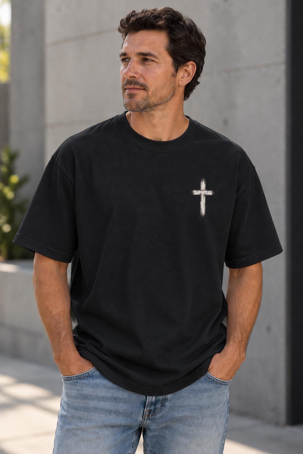 Distressed Cross T-Shirt, Men’s Christian Tee, Minimal Faith Streetwear, Oversized Jesus Shirt