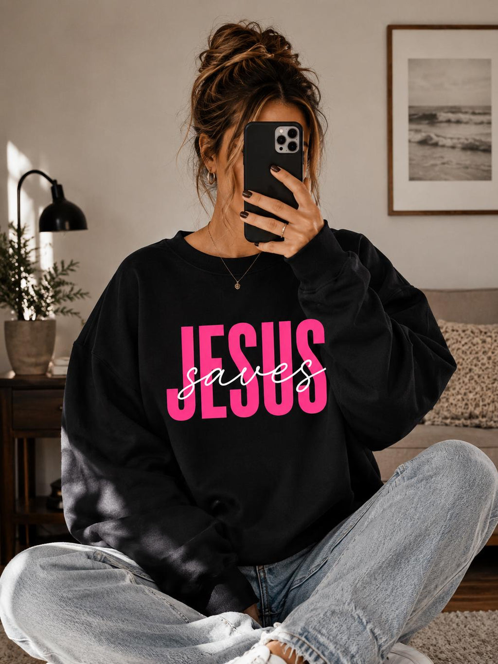 Jesus Saves Crewneck Sweatshirt, Bold Pink Script, Fall Faith Apparel
