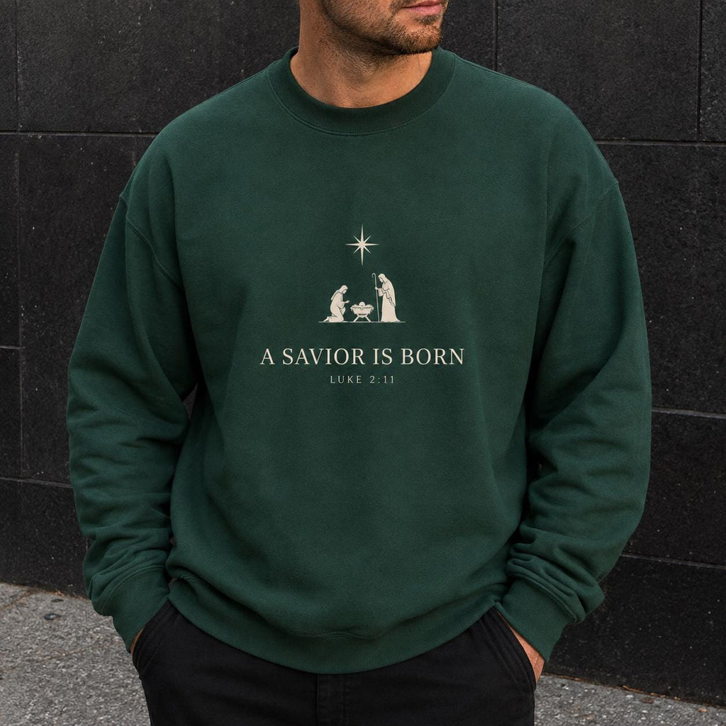 A Savior is Born Unisex Christian Sweatshirt, Luke 2:11 Gender Neutral Nativity Crewneck, Christmas Gift Crew for Minimalist