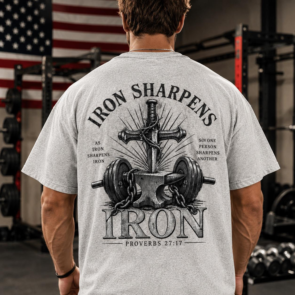 Men's Gym T-Shirt, Christian Faith Fitness Shirt, Iron Sharpens Iron, Proverbs 27:17, Vintage Design