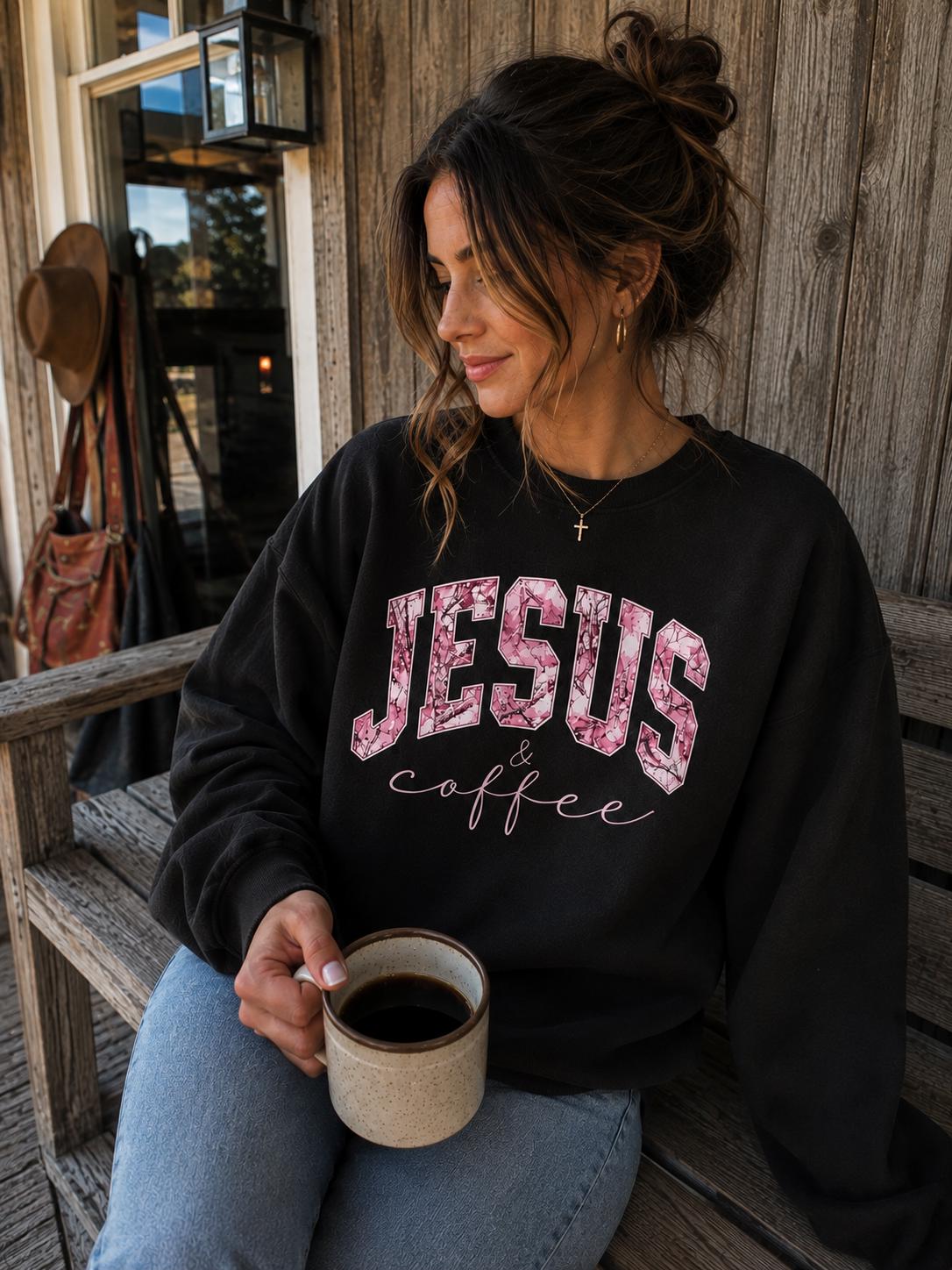Jesus Coffee Sweatshirt, Christian Pink Camo Crewneck, Faith Apparel