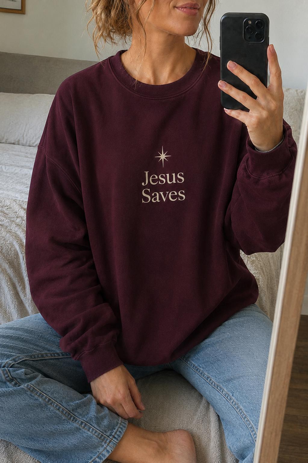 Minimalist Jesus Saves Crewneck Sweatshirt, Star of Bethlehem Design, Christian Gift