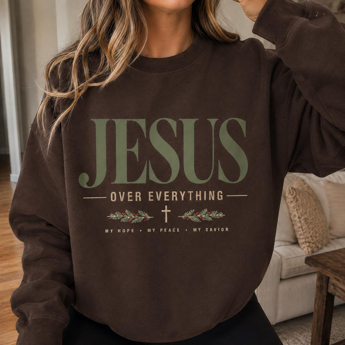 Jesus Over Everything Women's Sweatshirt, Faith-Based Christmas Crewneck for Women, Large JESUS front design
