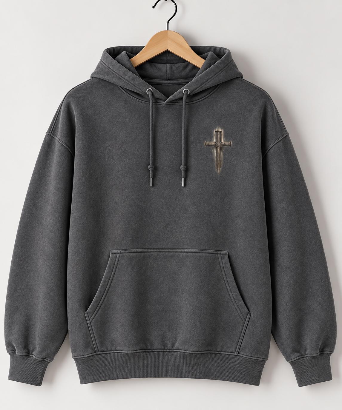 Christian Men Cross Hoodie, Distressed Three-Nail Cross, Church Fall Hoodie for Boys, Isaiah 53:5 Sweatshirt