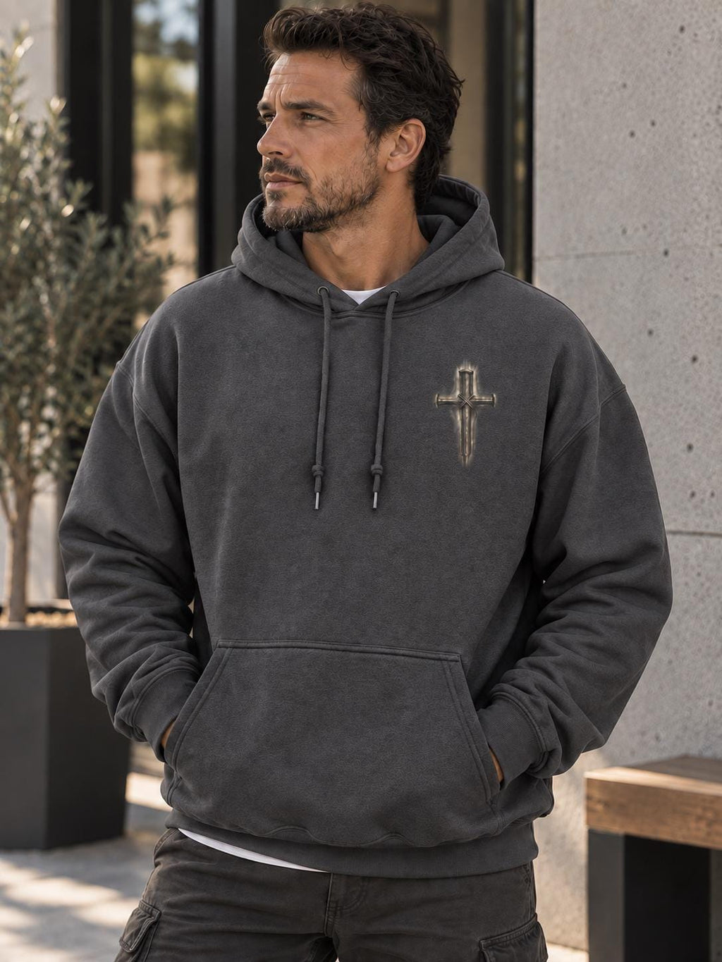 Christian Men Cross Hoodie, Distressed Three-Nail Cross, Church Fall Hoodie for Boys, Isaiah 53:5 Sweatshirt