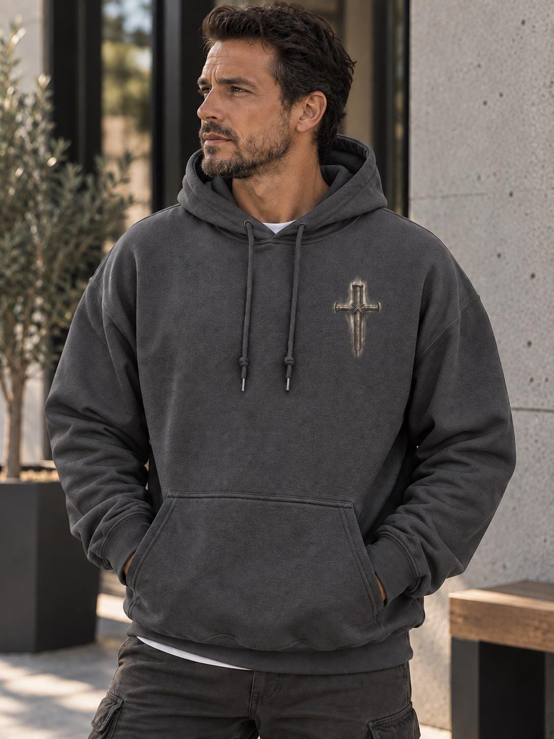 Christian Men Cross Hoodie, Distressed Three-Nail Cross, Church Fall Hoodie for Boys, Isaiah 53:5 Sweatshirt