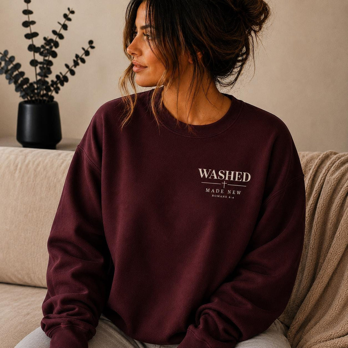 Washed Made New Christian Sweatshirt, Romans 6:4 Crewneck, Minimal Faith Apparel