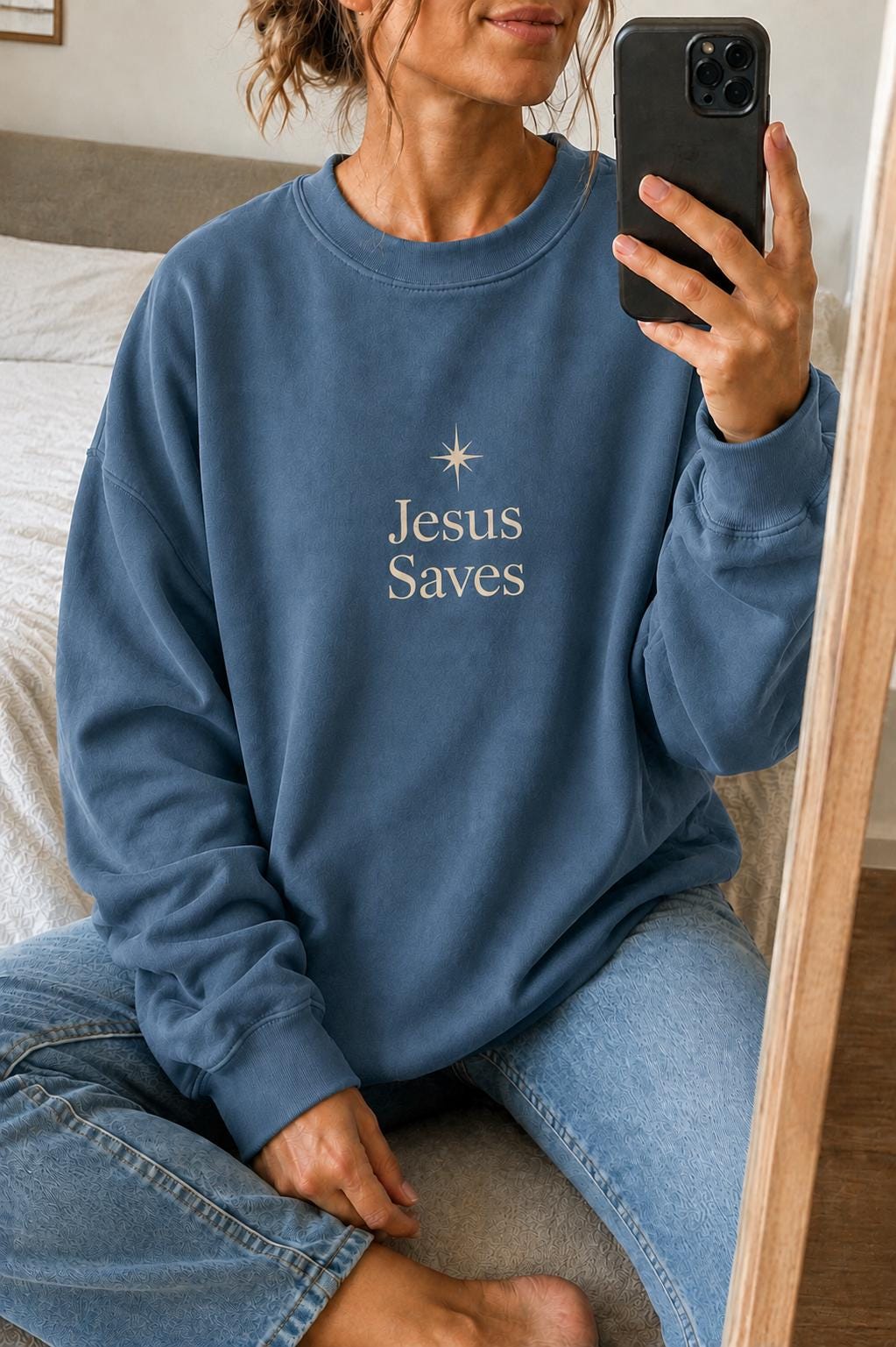 Minimalist Jesus Saves Crewneck Sweatshirt, Star of Bethlehem Design, Christian Gift