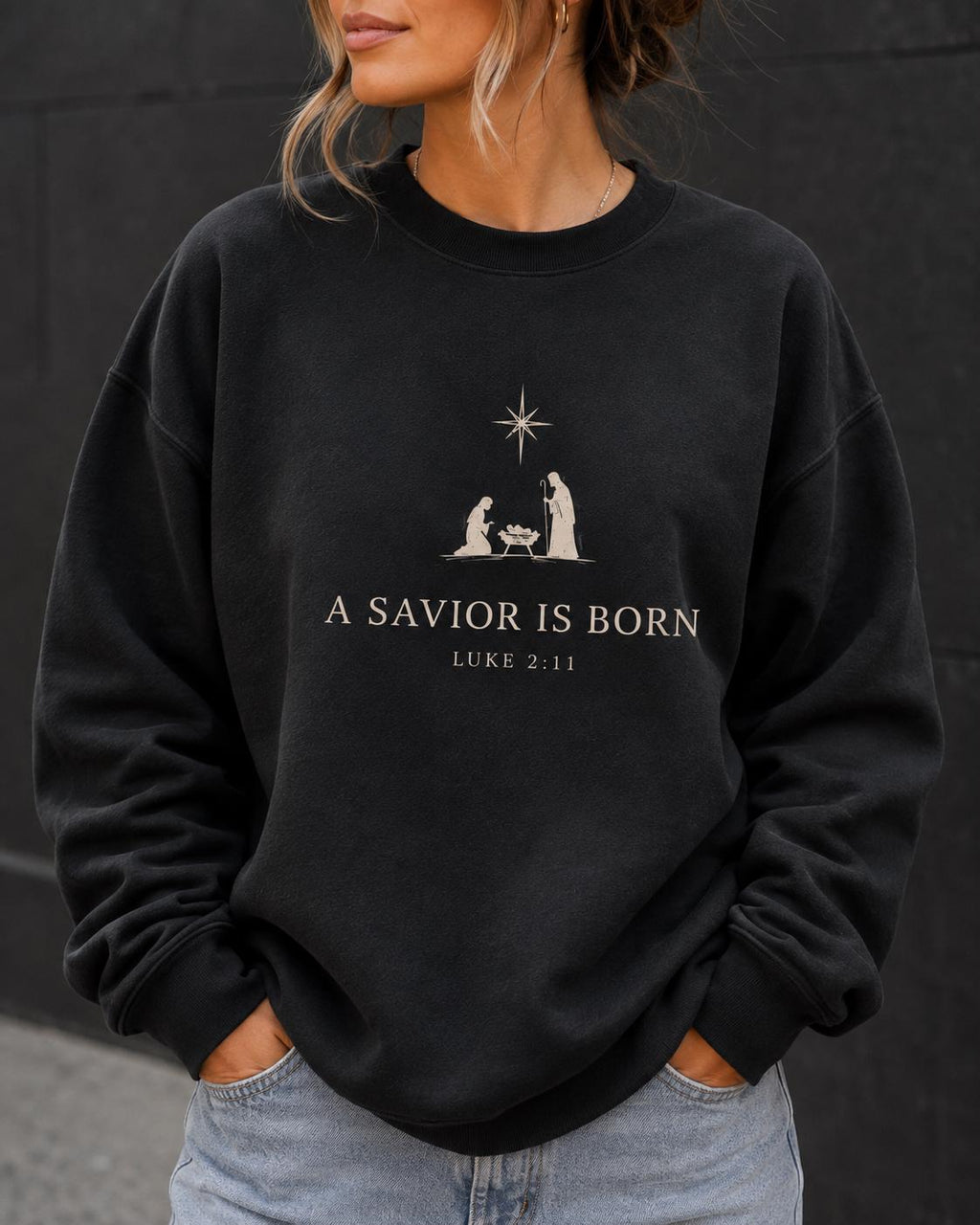 A Savior is Born Unisex Christian Sweatshirt, Luke 2:11 Gender Neutral Nativity Crewneck, Christmas Gift Crew for Minimalist