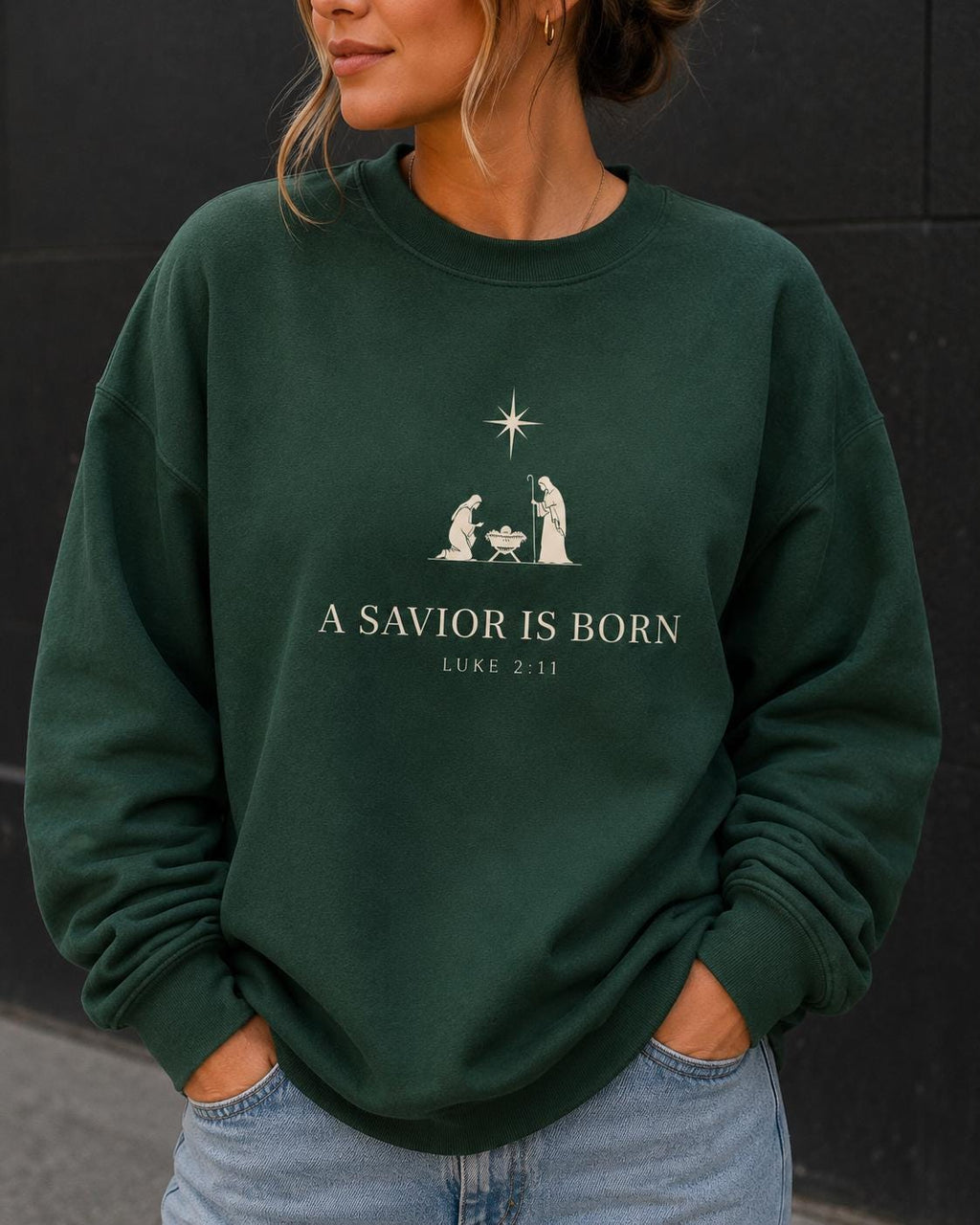 A Savior is Born Unisex Christian Sweatshirt, Luke 2:11 Gender Neutral Nativity Crewneck, Christmas Gift Crew for Minimalist