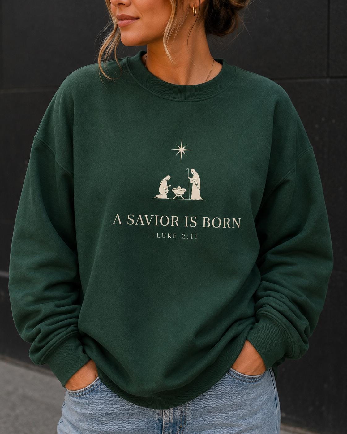A Savior is Born Unisex Christian Sweatshirt, Luke 2:11 Gender Neutral Nativity Crewneck, Christmas Gift Crew for Minimalist