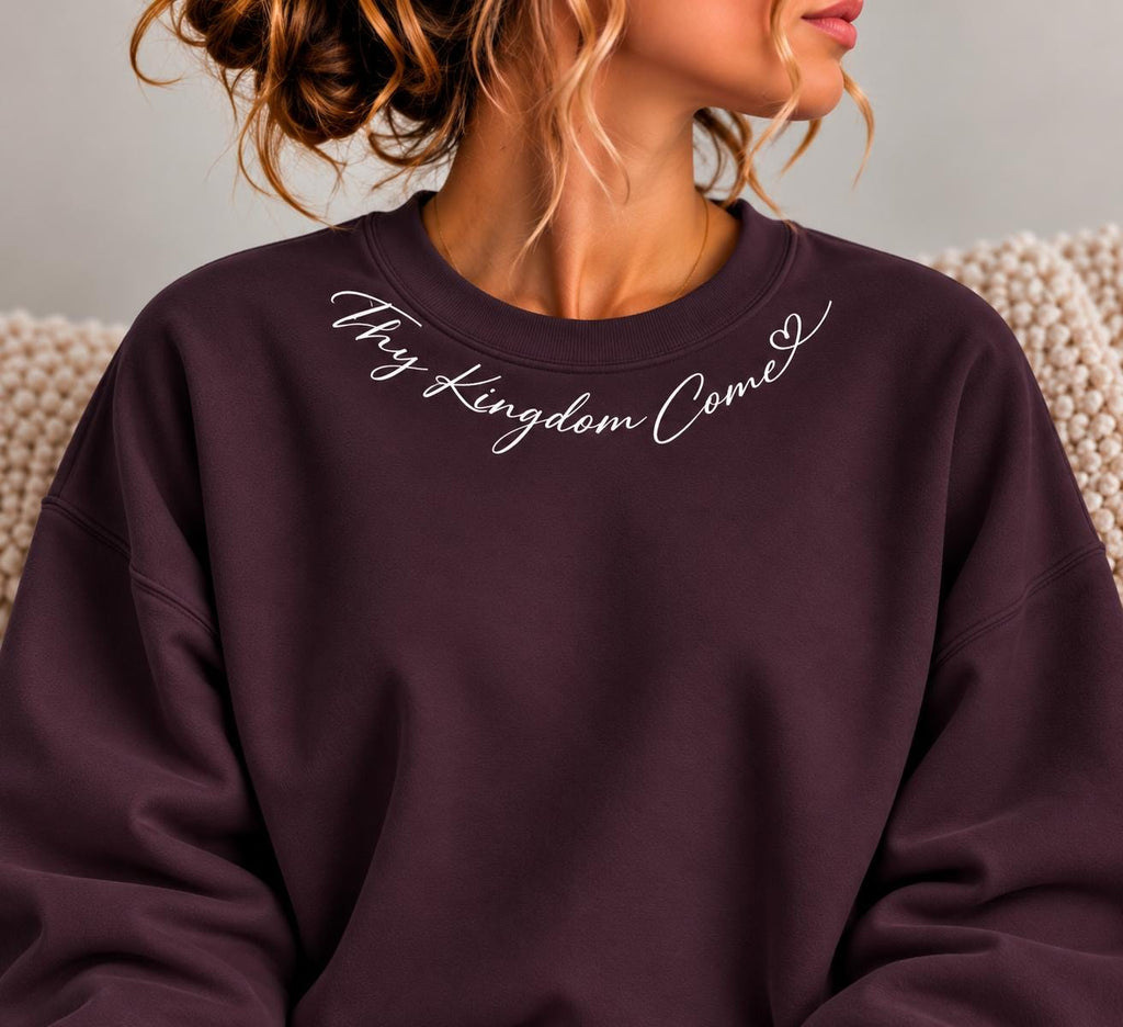 Thy Kingdom Come Crewneck Sweatshirt, Christian Minimalist Sweatshirt for Her with Petite Collar Heart Design, Matthew 6:10