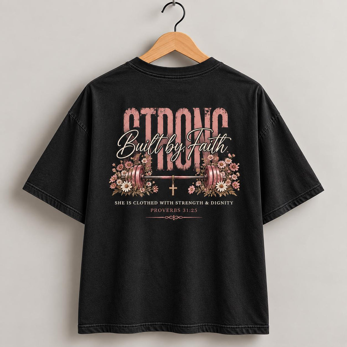Strong Built by Faith, Women Christian Fitness Shirt, Built by Faith, Proverbs 31:25, Floral Barbell Gym Tee