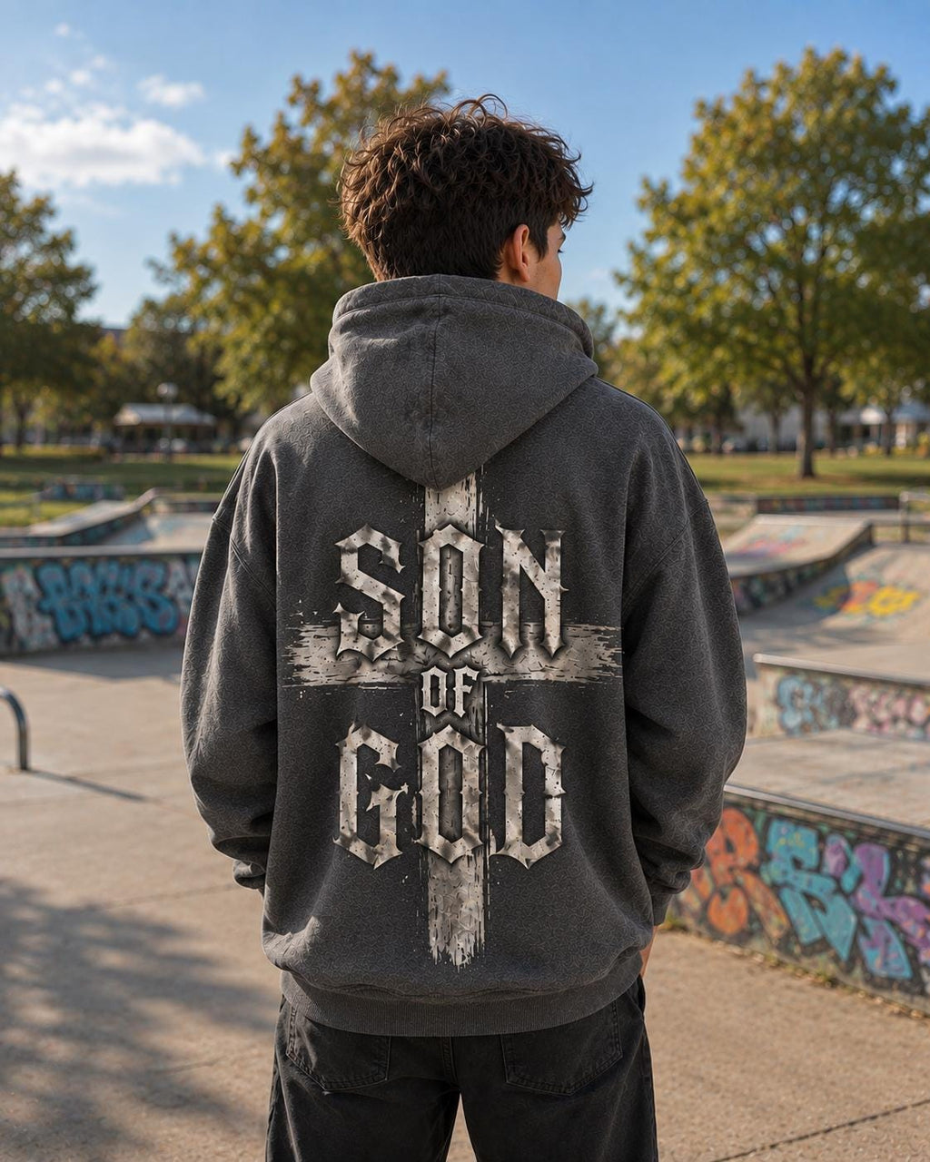 Son of God Christian Hoodie, Distressed Cross Streetwear Sweatshirt, Full Back Design