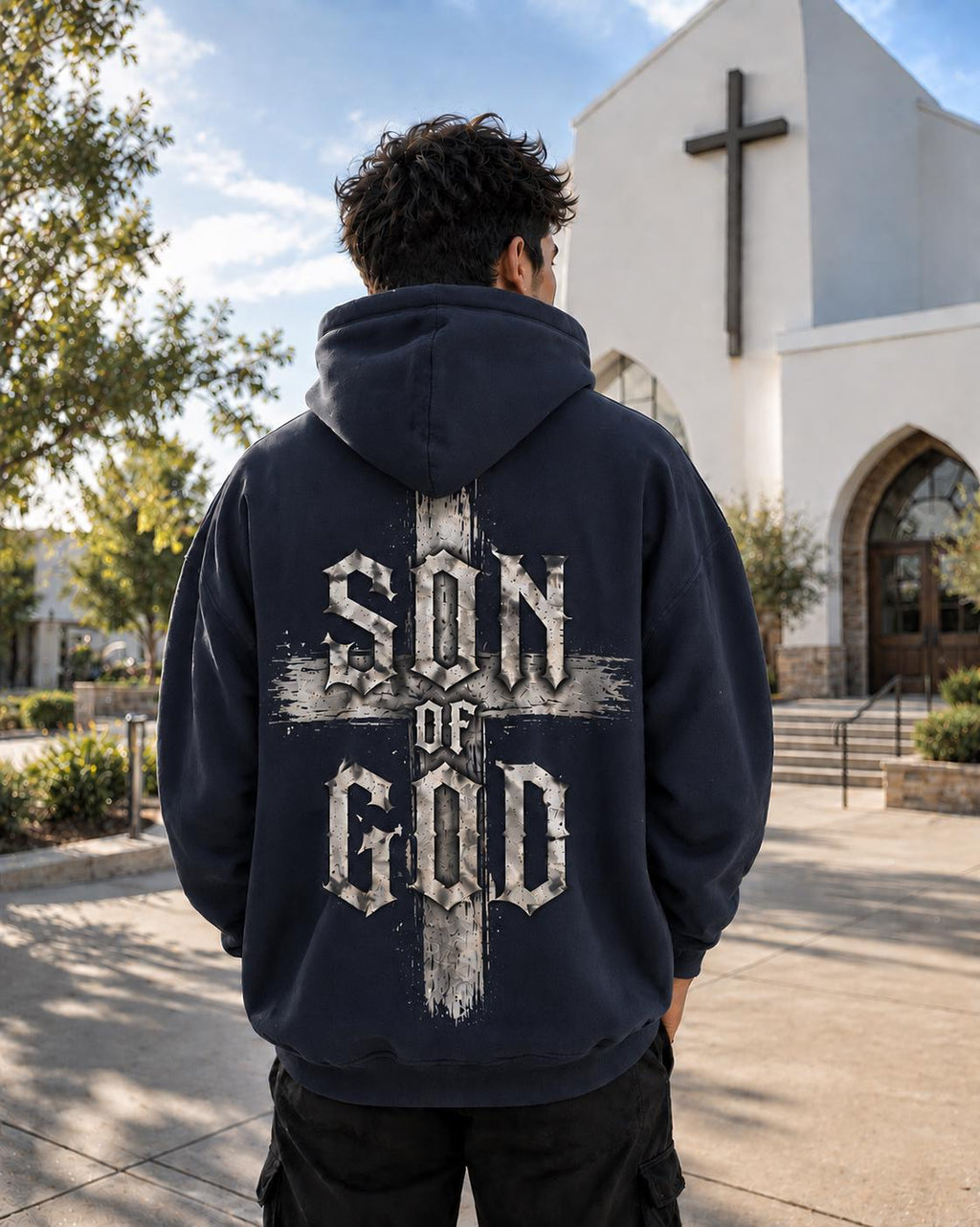 Son of God Christian Hoodie, Distressed Cross Streetwear Sweatshirt, Full Back Design