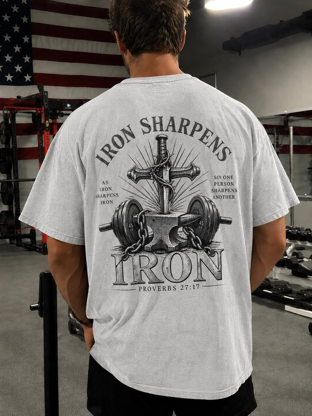 Men's Gym T-Shirt, Christian Faith Fitness Shirt, Iron Sharpens Iron, Proverbs 27:17, Vintage Design