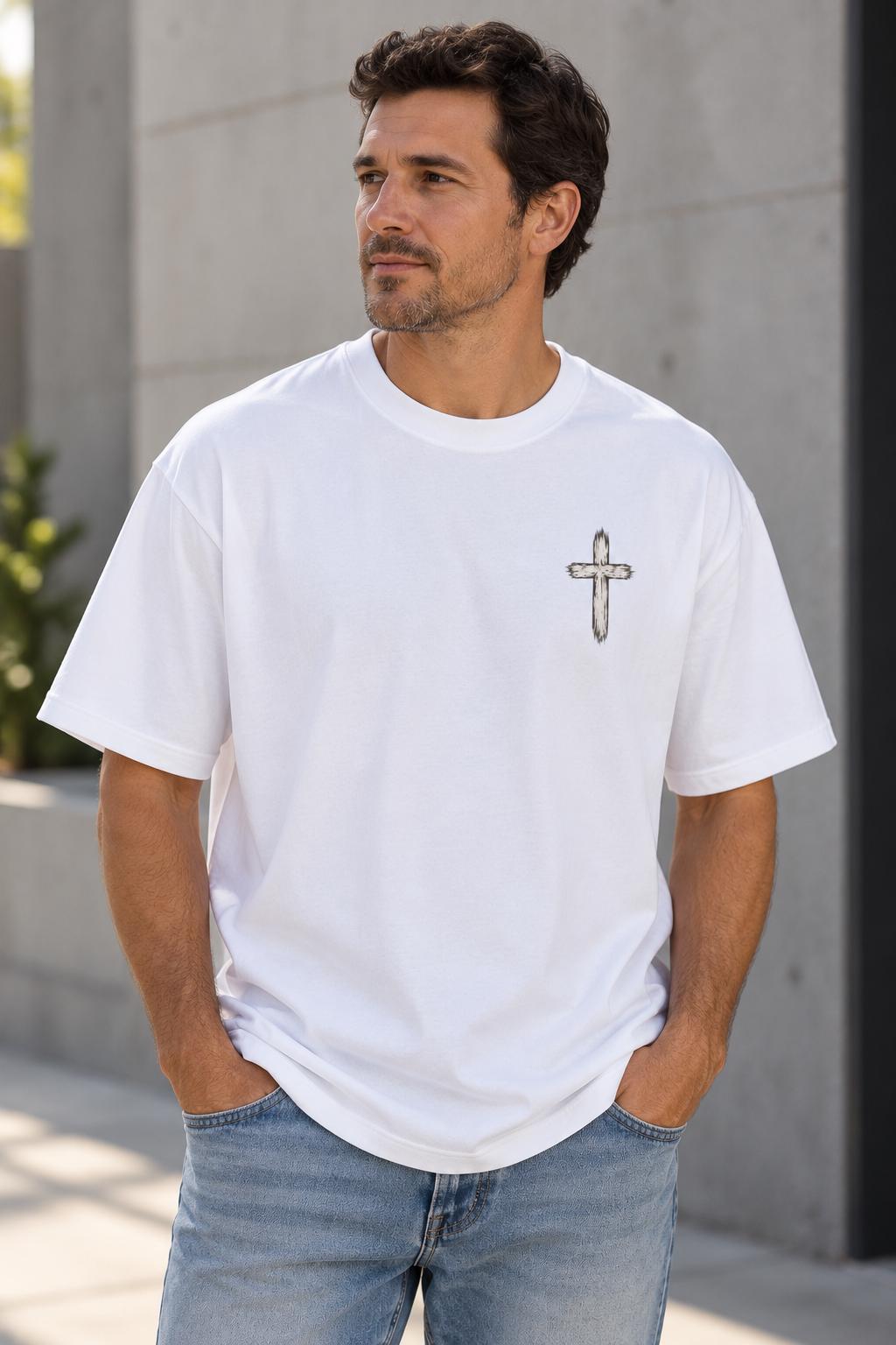 Distressed Cross T-Shirt, Men’s Christian Tee, Minimal Faith Streetwear, Oversized Jesus Shirt