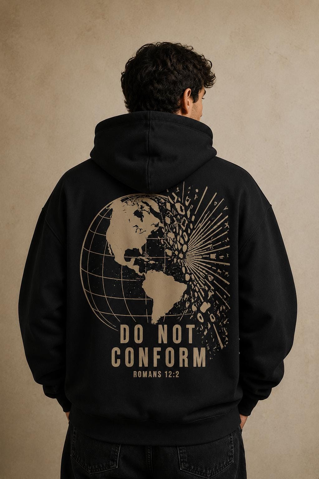 Oversized Christian Streetwear Hoodie, Romans 12:2 Do Not Conform Globe Design