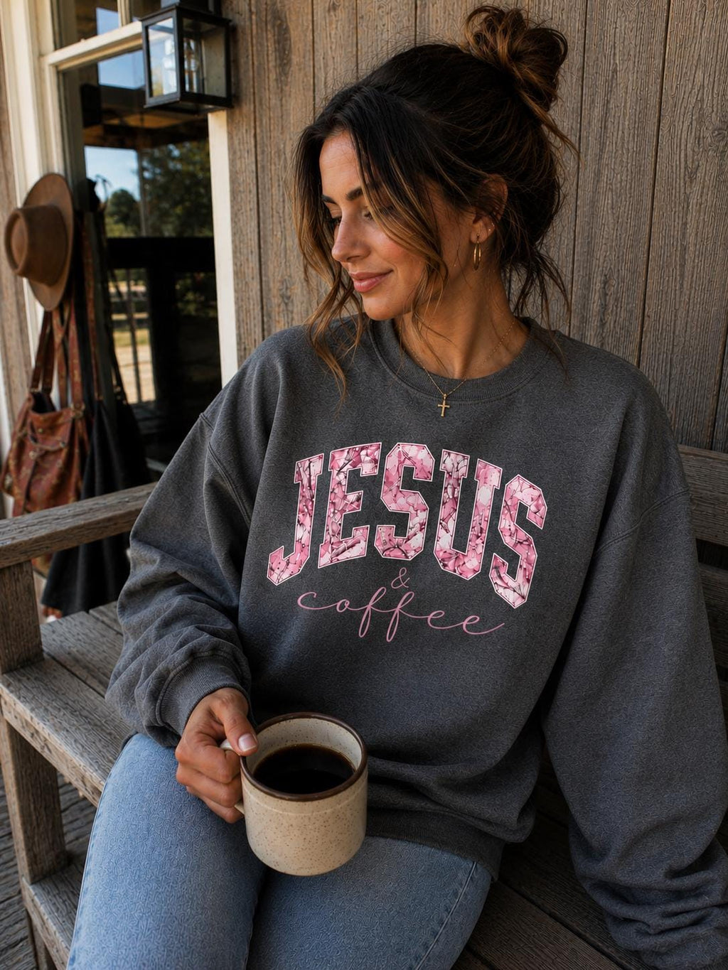Jesus Coffee Sweatshirt, Christian Pink Camo Crewneck, Faith Apparel