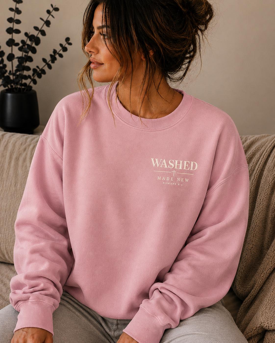 Washed Made New Christian Sweatshirt, Romans 6:4 Crewneck, Minimal Faith Apparel