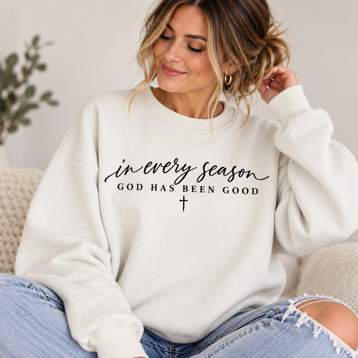 In every season, God is Good Christian Premium Quality Sweatshirt, God is Good All the Time Minimalist Crewneck for Fall