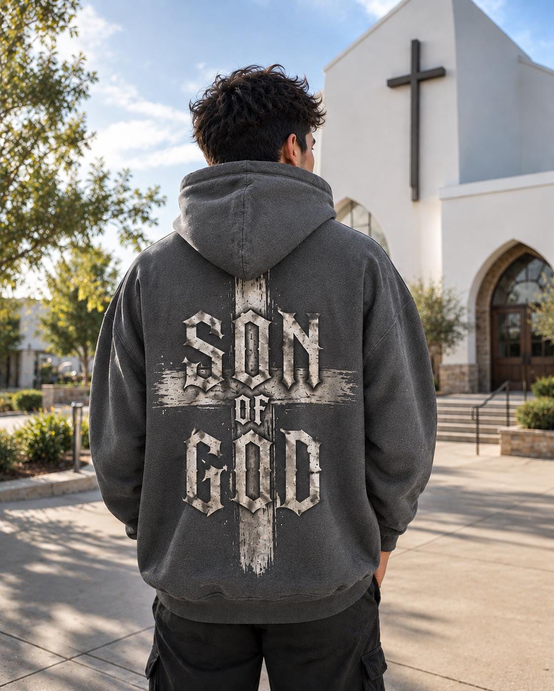Son of God Christian Hoodie, Distressed Cross Streetwear Sweatshirt, Full Back Design