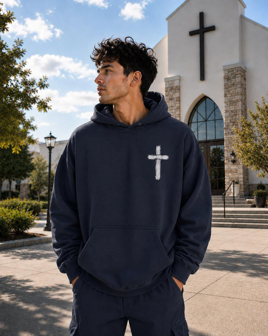 Son of God Christian Hoodie, Distressed Cross Streetwear Sweatshirt, Full Back Design