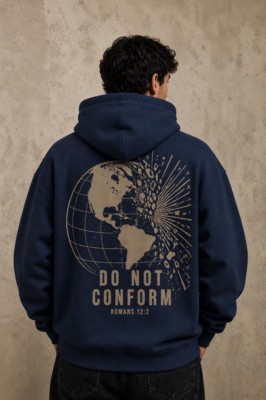 Oversized Christian Streetwear Hoodie, Romans 12:2 Do Not Conform Globe Design