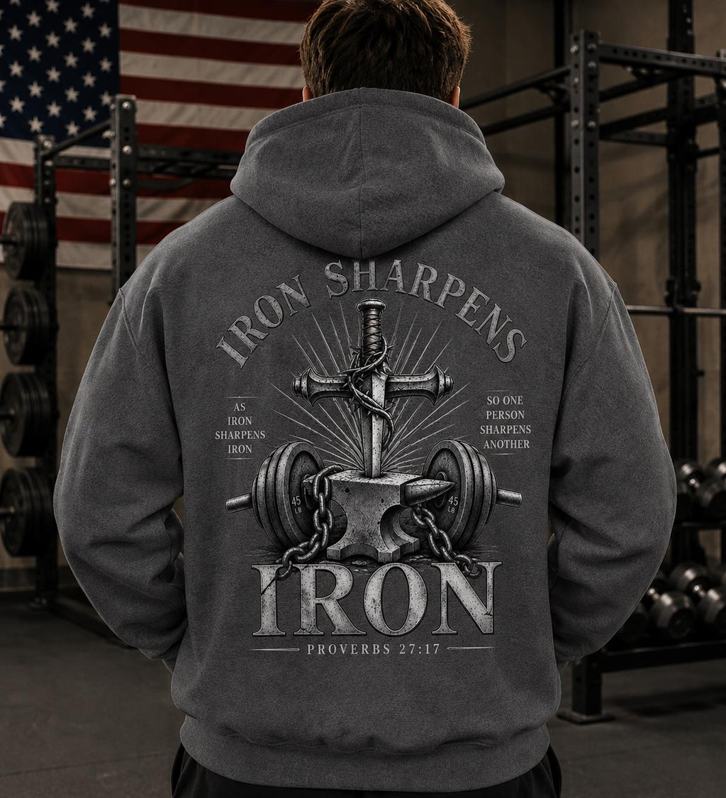 Men's Faith Fitness Hoodie, Iron Sharpens Iron Proverbs 27:17 Vintage Design