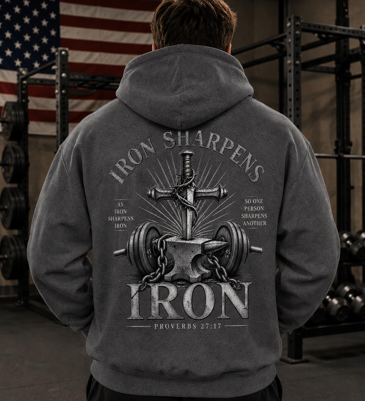 Men's Faith Fitness Hoodie, Iron Sharpens Iron Proverbs 27:17 Vintage Design