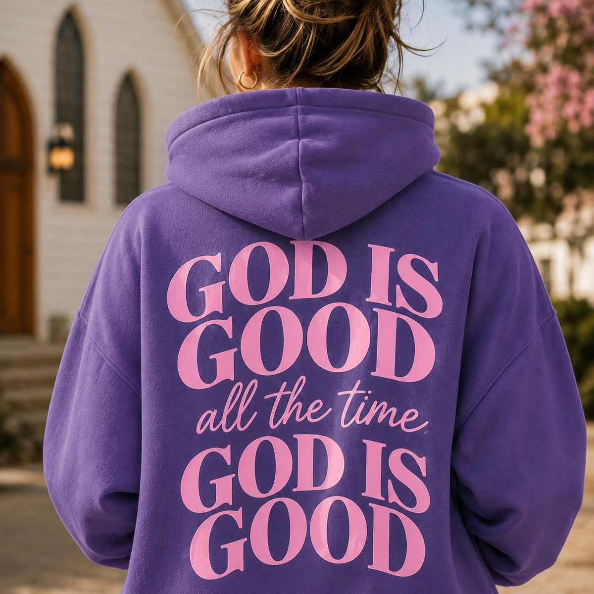 God is GOOD Hoodie, Purple, Large Print on the Back, Christian Sweatshirt, Church Fit