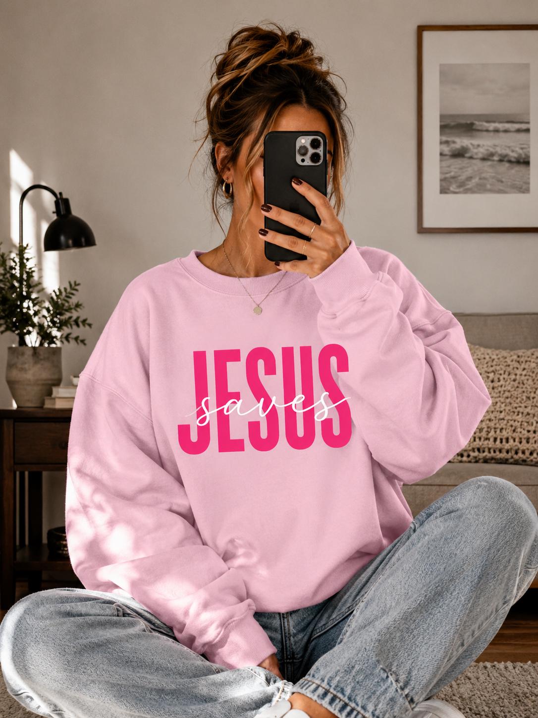 Jesus Saves Crewneck Sweatshirt, Bold Pink Script, Fall Faith Apparel